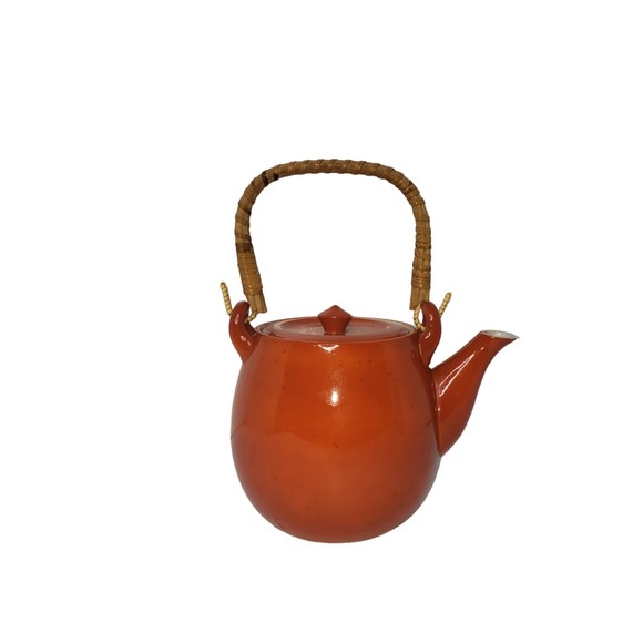 VINTAGE Orange Teapot Bamboo Handle Made In Occupied Japan - Picture 2 of 10